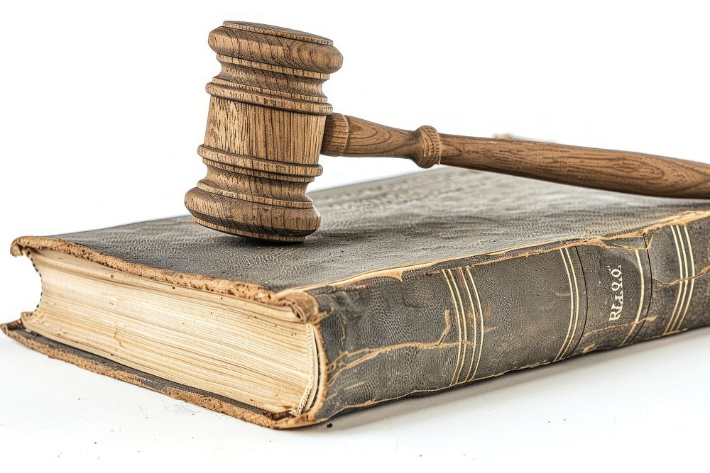 Wooden judge gavel on a law book publication weaponry indoors.