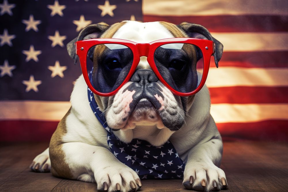 A bulldog wearing sunglasses and striped scarf American flag accessories accessory animal.