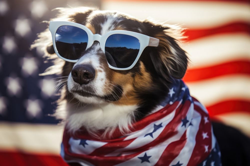 A dog wearing sunglasses and striped scarf American flag american flag accessories accessory.