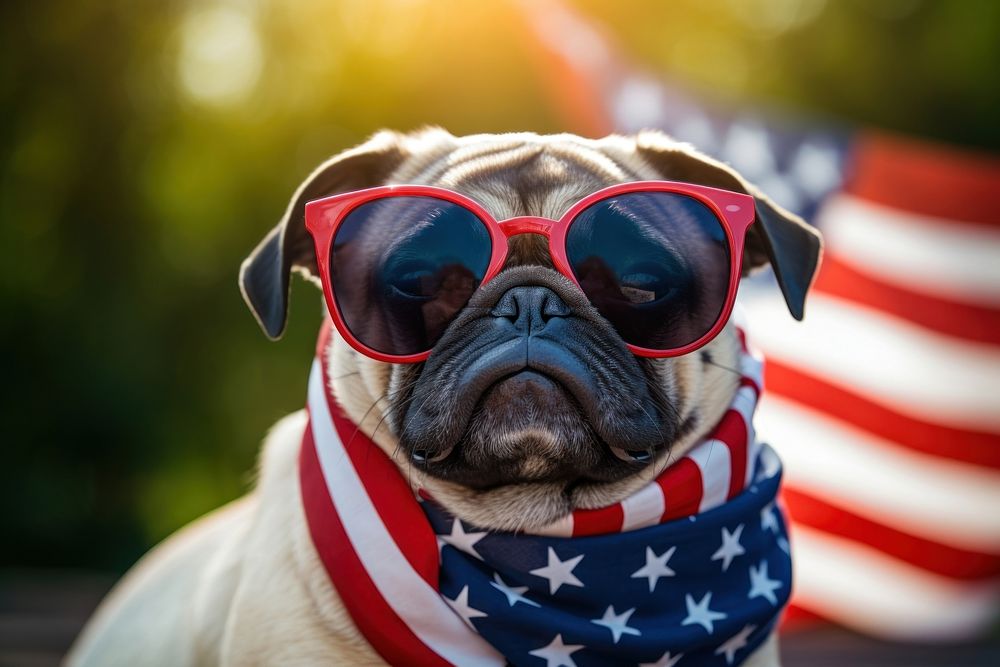 A dog wearing sunglasses and striped scarf American flag accessories accessory person.