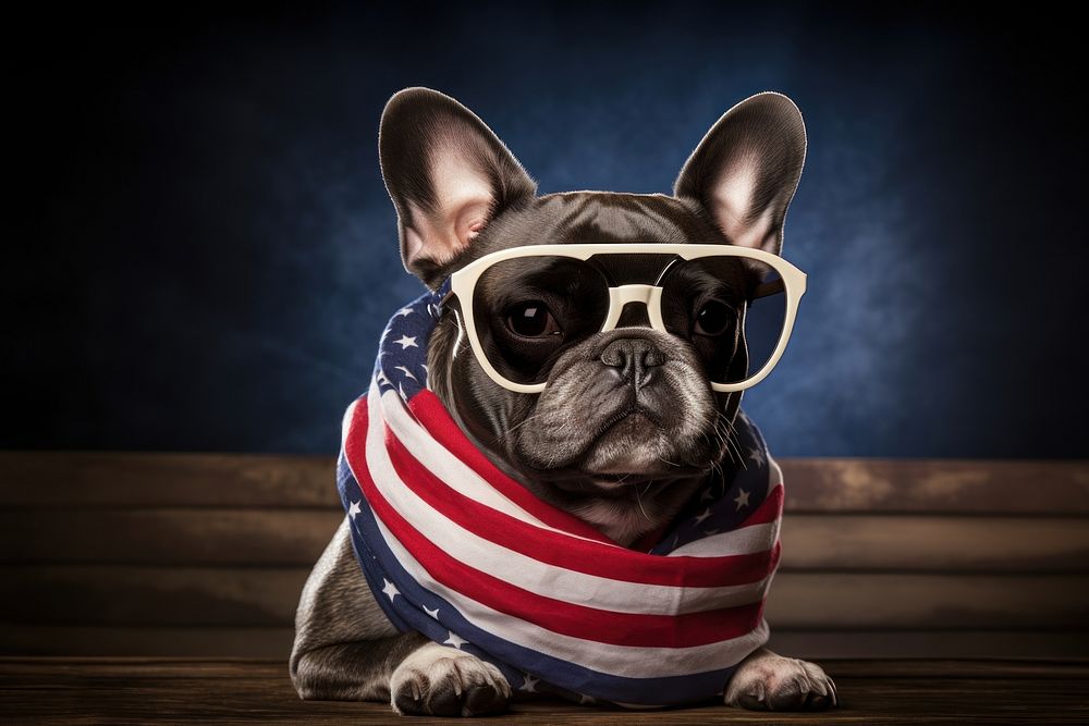 A french bull dog wearing sunglasses and striped scarf American flag bulldog animal canine.