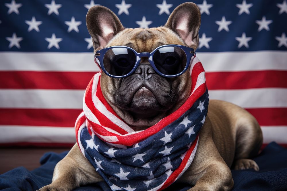 A french bull dog wearing sunglasses and striped scarf American flag american flag clothing apparel.