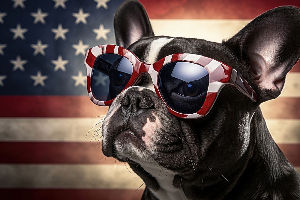 A french bull dog wearing sunglasses and striped scarf American flag american flag accessories accessory.