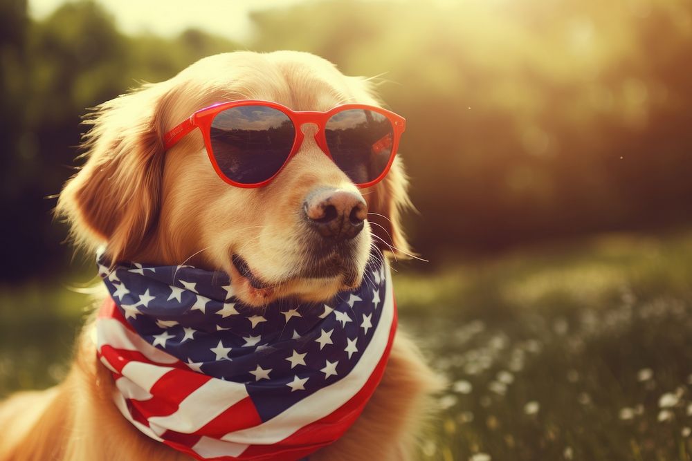 A golden retriever dog wearing sunglasses and striped scarf American flag photo accessories photography.