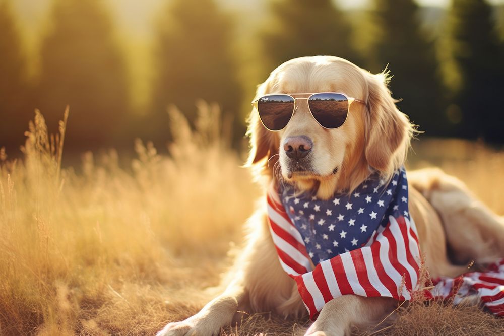A golden retriever dog wearing sunglasses and striped scarf American flag american flag accessories accessory.