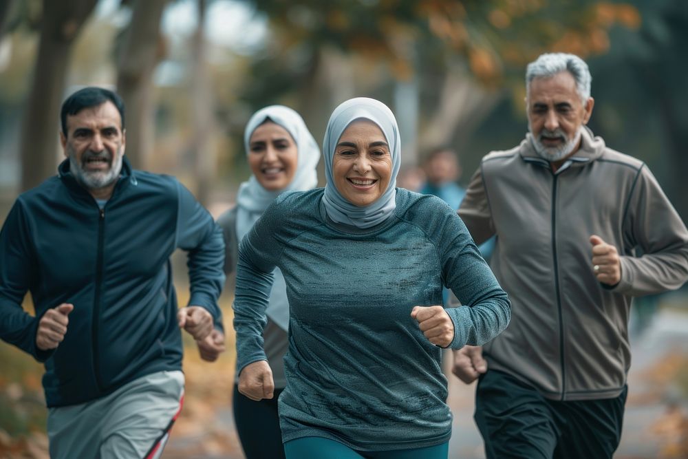 Healthy group of middle eastern aged men and women jogging at park running sweatshirt clothing.