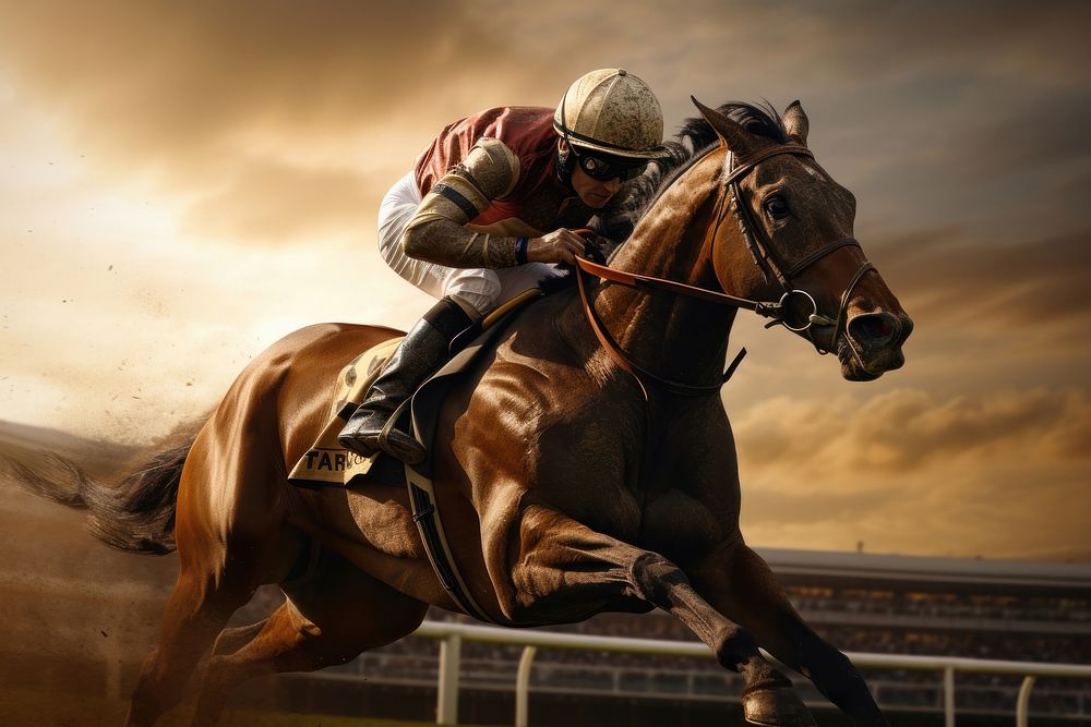 A jockey riding a horse on a track recreation clothing footwear.