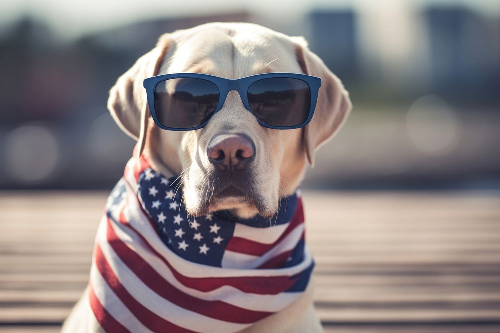 A labrador retriever dog wearing sunglasses and striped scarf American flag photo american flag accessories.