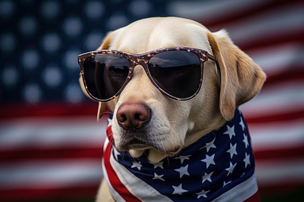 A labrador retriever dog wearing sunglasses and striped scarf American flag american flag accessories accessory.