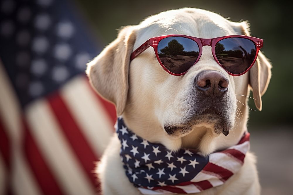 A labrador retriever dog wearing sunglasses and striped scarf American flag american flag accessories accessory.