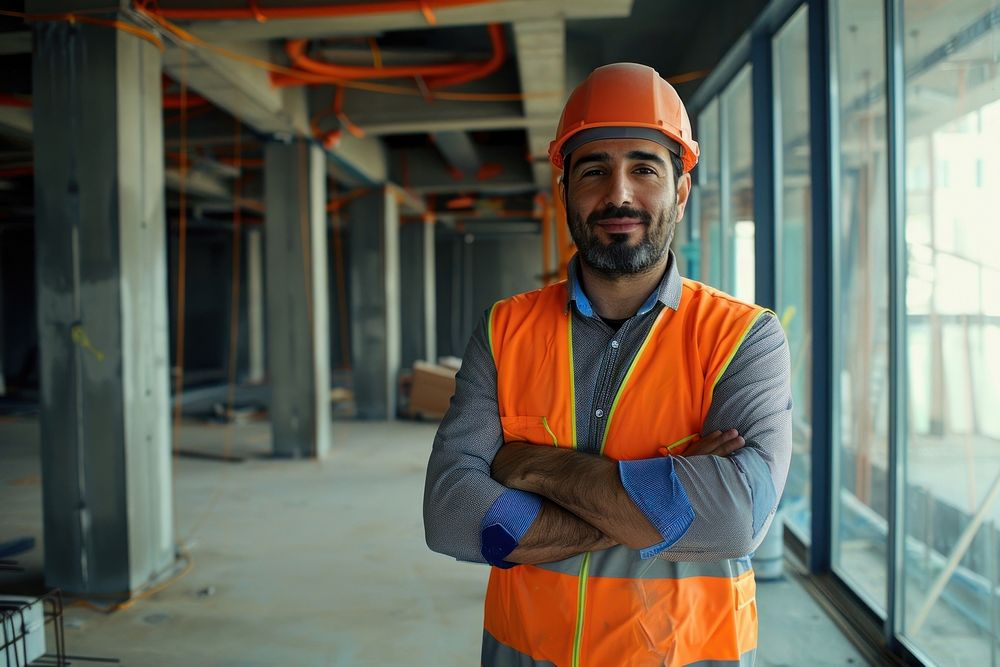 Middle Eastern construction site manager standing worker helmet clothing.