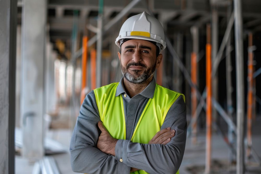 Middle Eastern construction site manager standing worker helmet clothing.