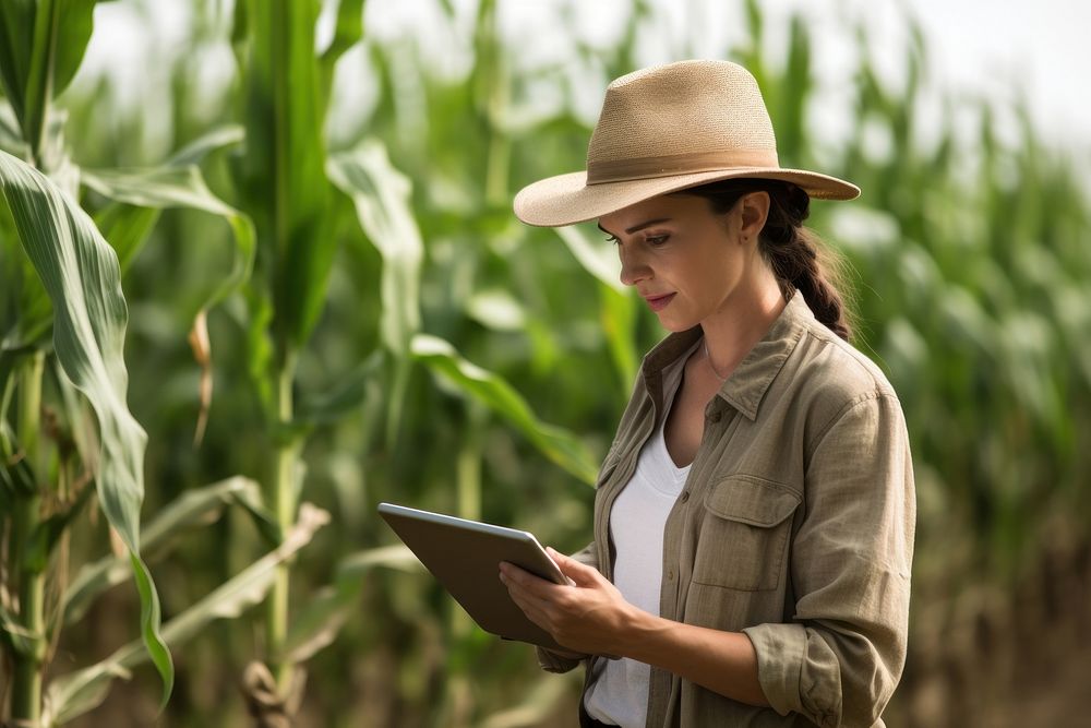 A modern farmer in a corn field using a digital tablet clothing apparel person.