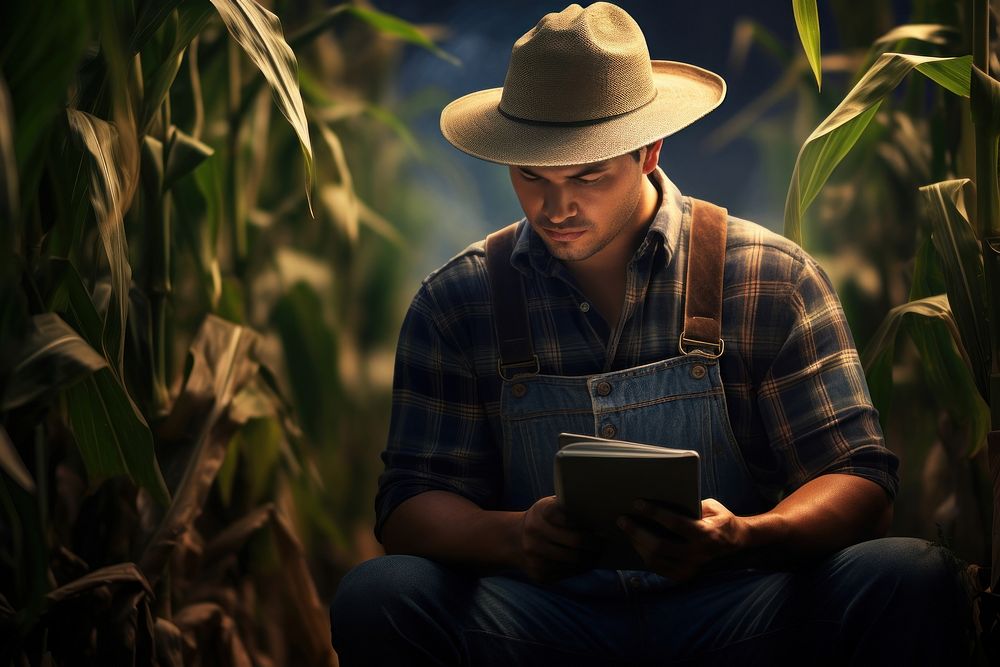 A modern farmer in a corn field using a digital tablet photo photography clothing.