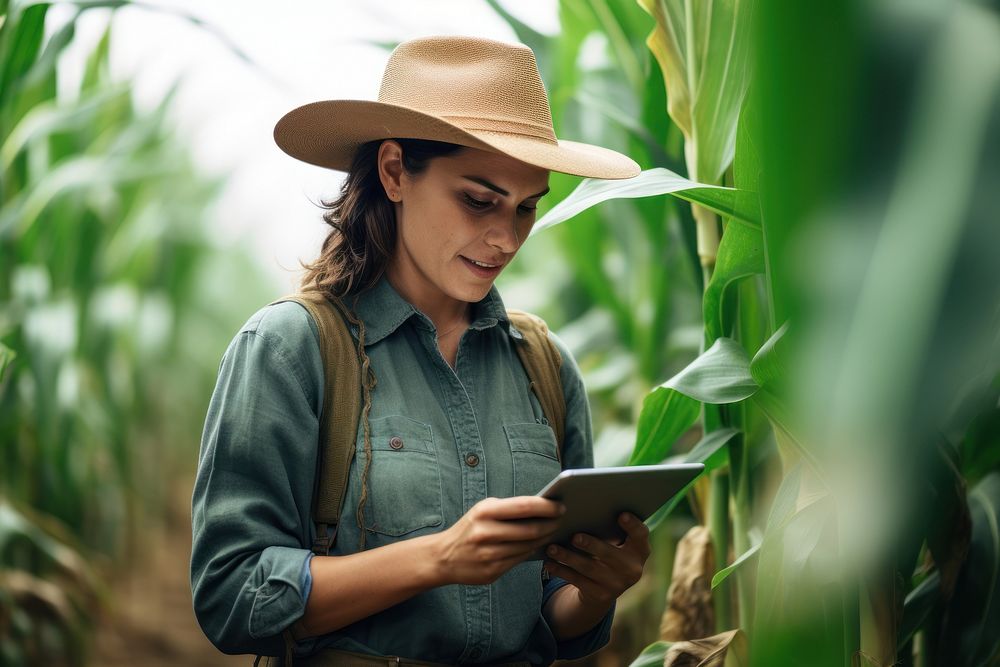 A modern farmer in a corn field using a digital tablet electronics clothing computer.