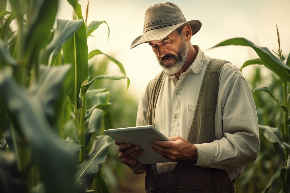 A modern farmer in a corn field using a digital tablet electronics computer reading.