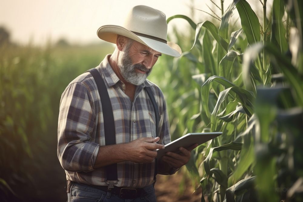 A modern farmer in a corn field using a digital tablet electronics accessories accessory.