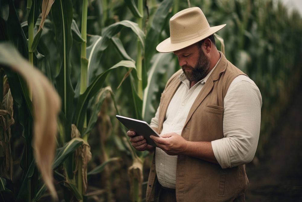 A modern farmer in a corn field using a digital tablet electronics clothing computer.