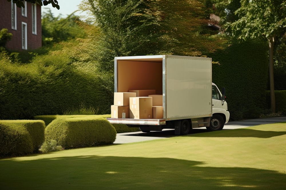 Moving truck cardboard box transportation.