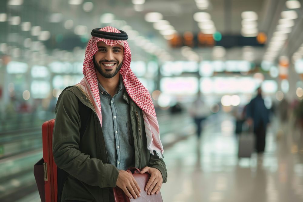 Portrait Of Young Middle Eastern Male Traveller Posing At Airport male man accessories.