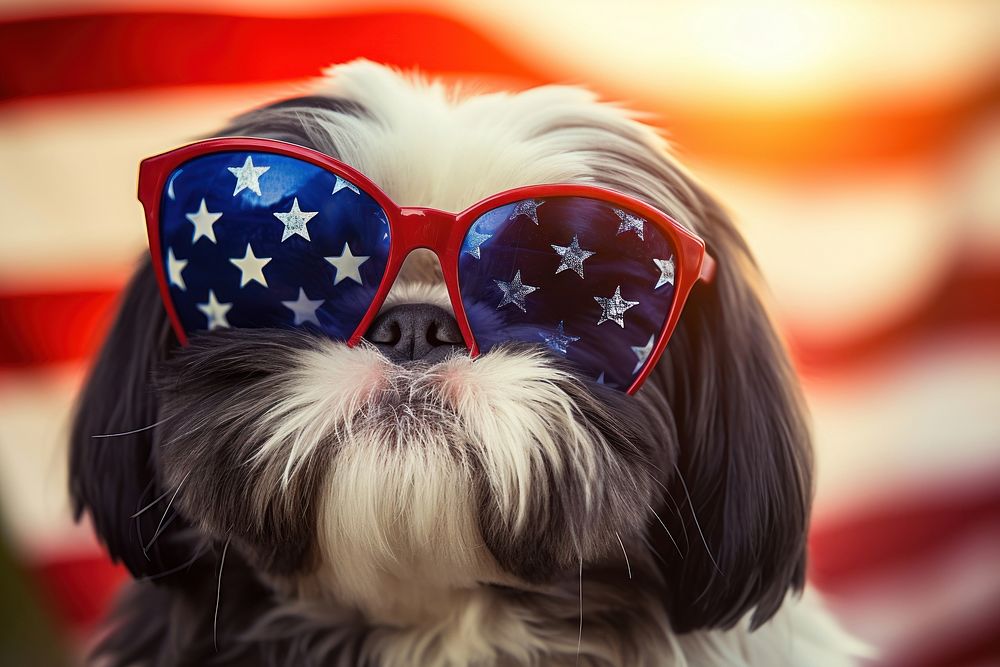 A Shih tzu dog wearing sunglasses and striped scarf American flag accessories accessory person.