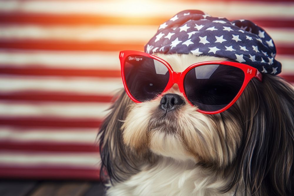 A Shih tzu dog wearing sunglasses and striped scarf American flag photo american flag accessories.
