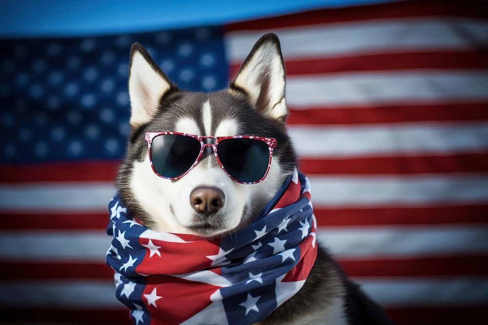 A Siberian husky dog wearing sunglasses and striped scarf American flag american flag accessories accessory.