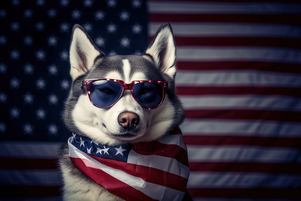 A Siberian husky dog wearing sunglasses and striped scarf American flag american flag animal canine.