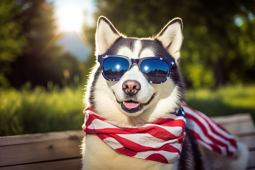 A Siberian husky dog wearing sunglasses and striped scarf American flag photo accessories photography.