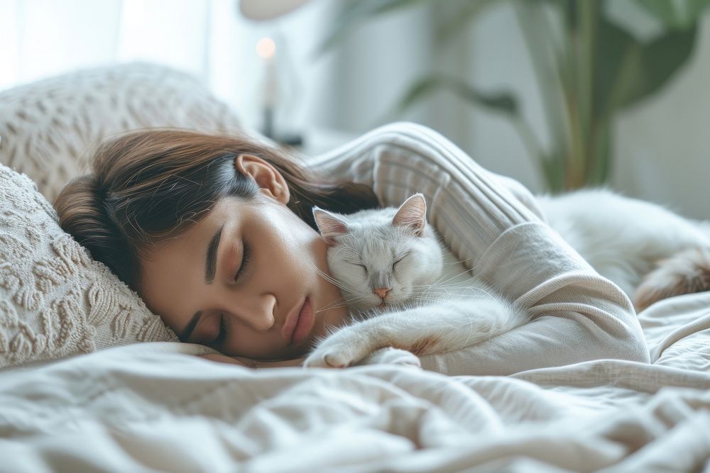 Sleeping woman cat blanket.