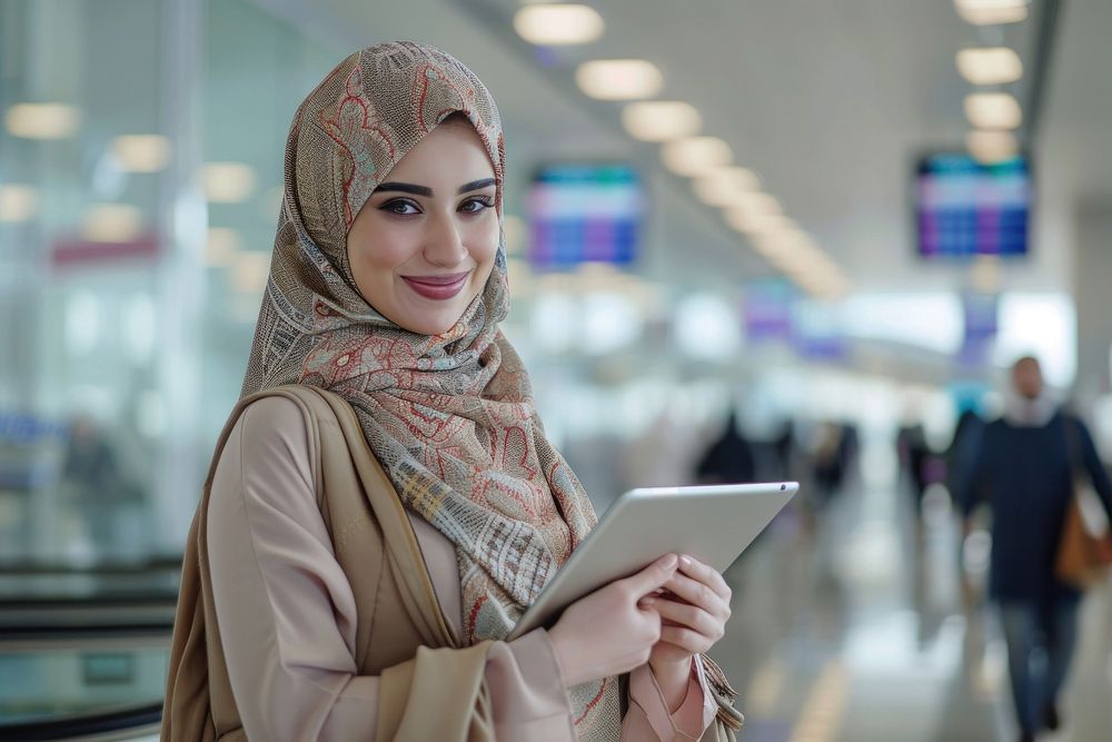 Smiling women Young Middle eastern With Digital Tablet In Hands Posing At Airport Terminal accessories accessory executive.