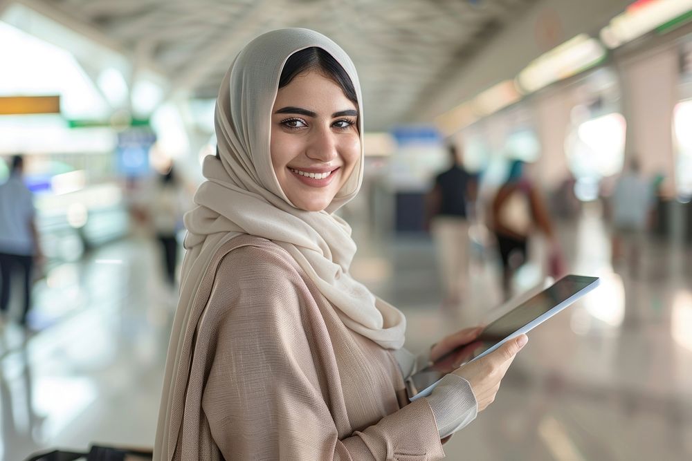 Smiling women Young Middle eastern With Digital Tablet In Hands Posing At Airport Terminal electronics executive female.