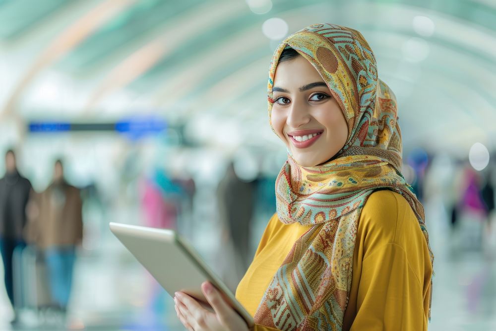Smiling women Young Middle eastern With Digital Tablet In Hands Posing At Airport Terminal clothing apparel person.