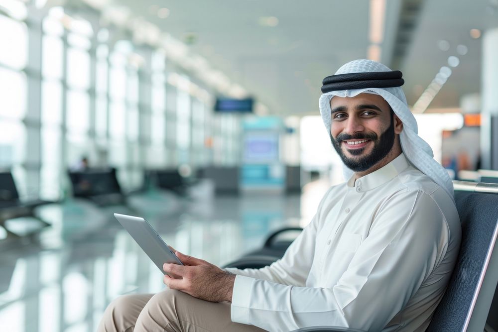 Smiling Young Middle eastern With Digital Tablet In Hands Posing At Airport Terminal man executive person.