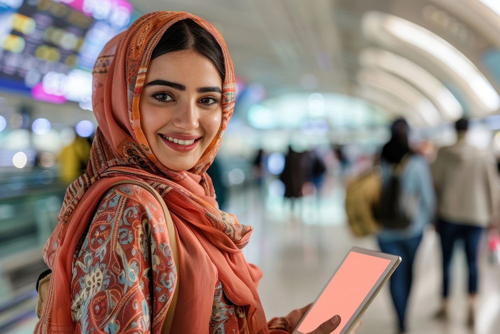 Smiling Young Middle eastern With Digital Tablet In Hands Posing At Airport Terminal clothing apparel dimples.