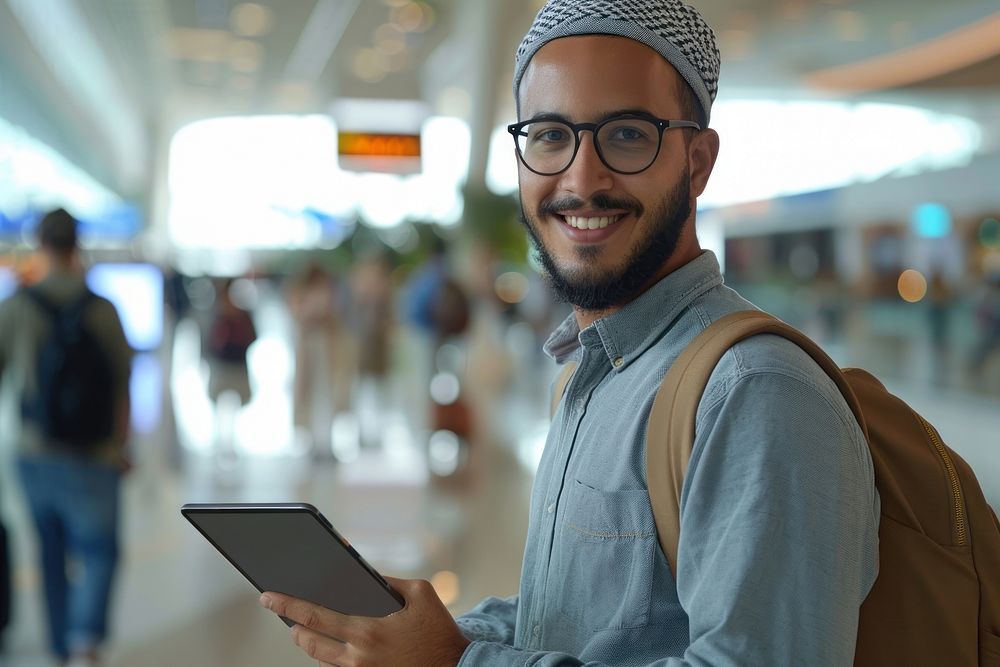 Smiling Young Moroccan With Digital Tablet In Hands Posing At Airport Terminal computer man electronics.