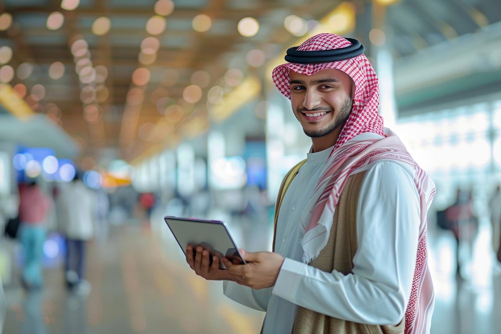 Smiling Young Saudi Arabian With Digital Tablet In Hands Posing At Airport Terminal man accessories executive.