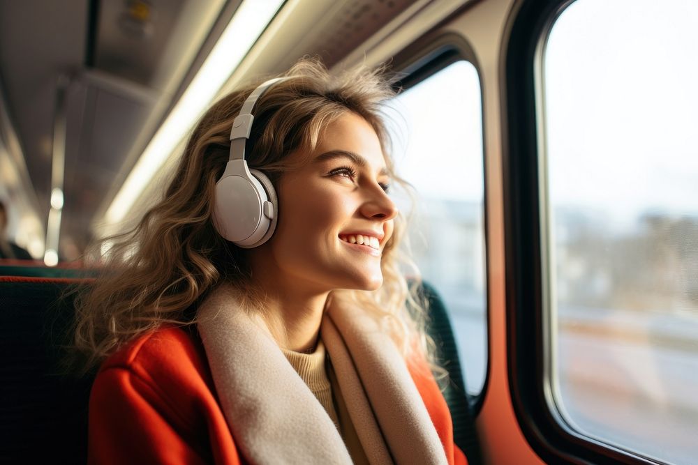 American teen woman headphones person smile.