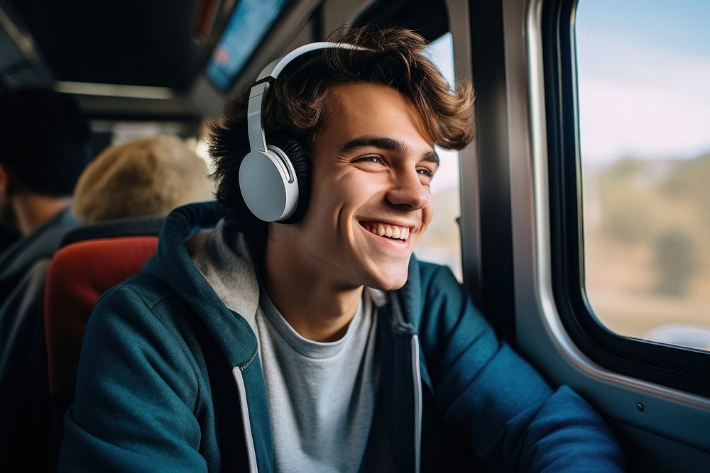 American teen man headphones person smile.