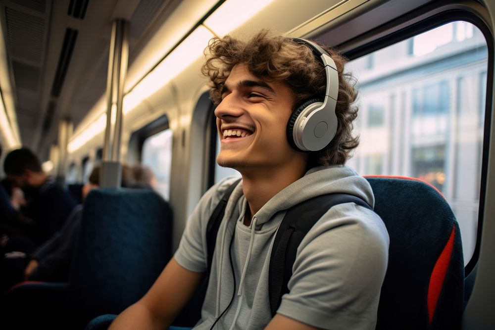 American teen man headphones person smile.