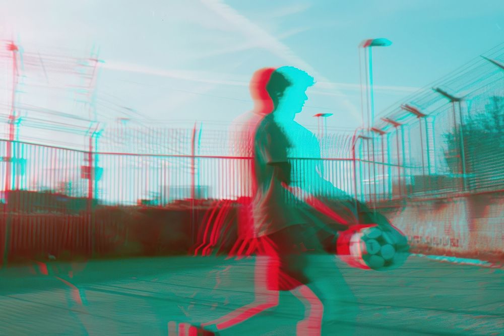 Anaglyph person play football soccer sports human.