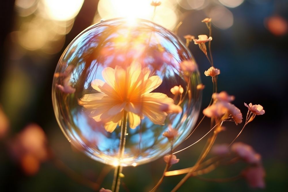 Beauty of a flower blooming atop a soap bubble photo photography asteraceae.