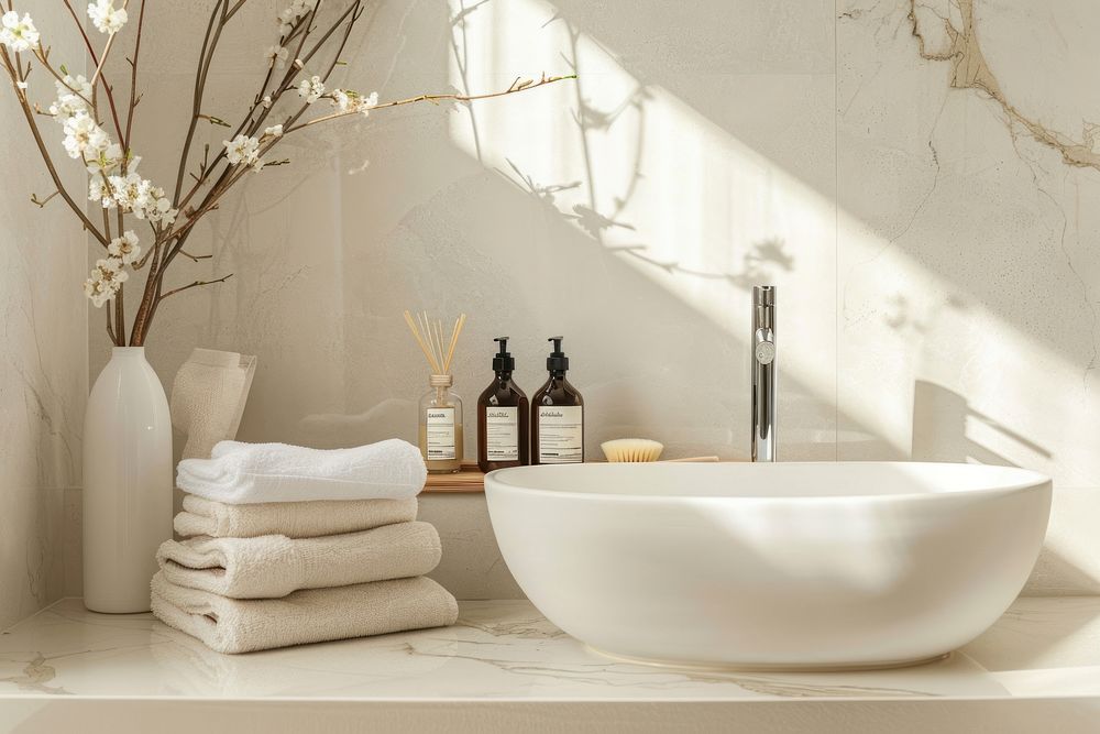 Beautiful Spa treatment set in minimal bathroom interior bathing bathtub blossom.