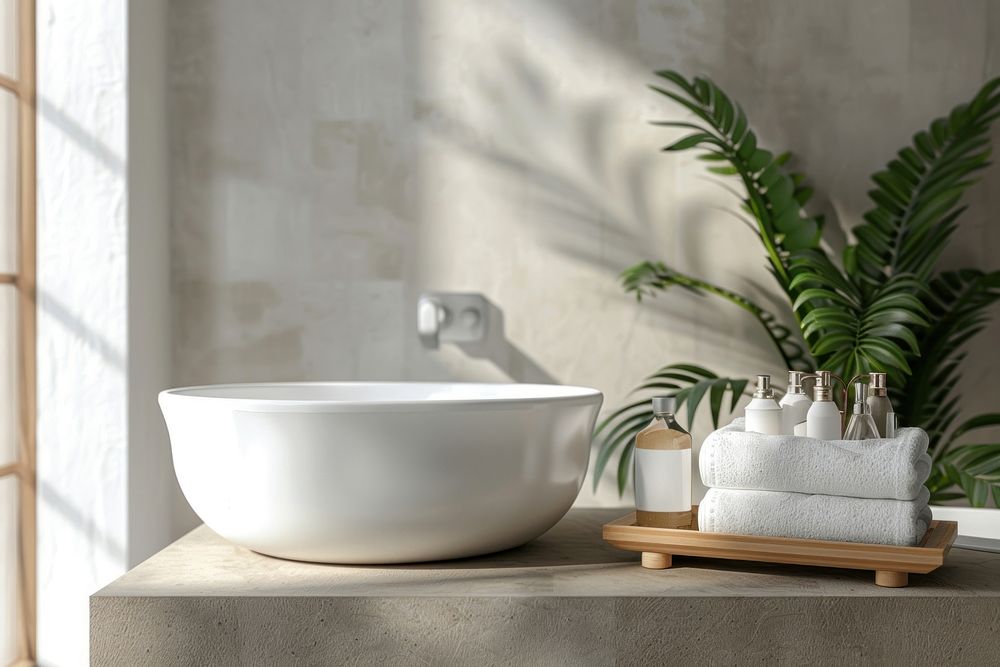 Beautiful Spa treatment set in minimal bathroom interior bathing bathtub person.