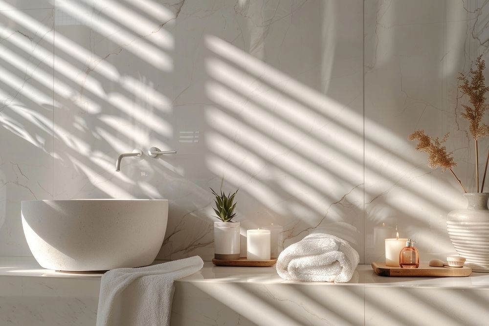Beautiful Spa treatment set in minimal bathroom interior windowsill candle basin.