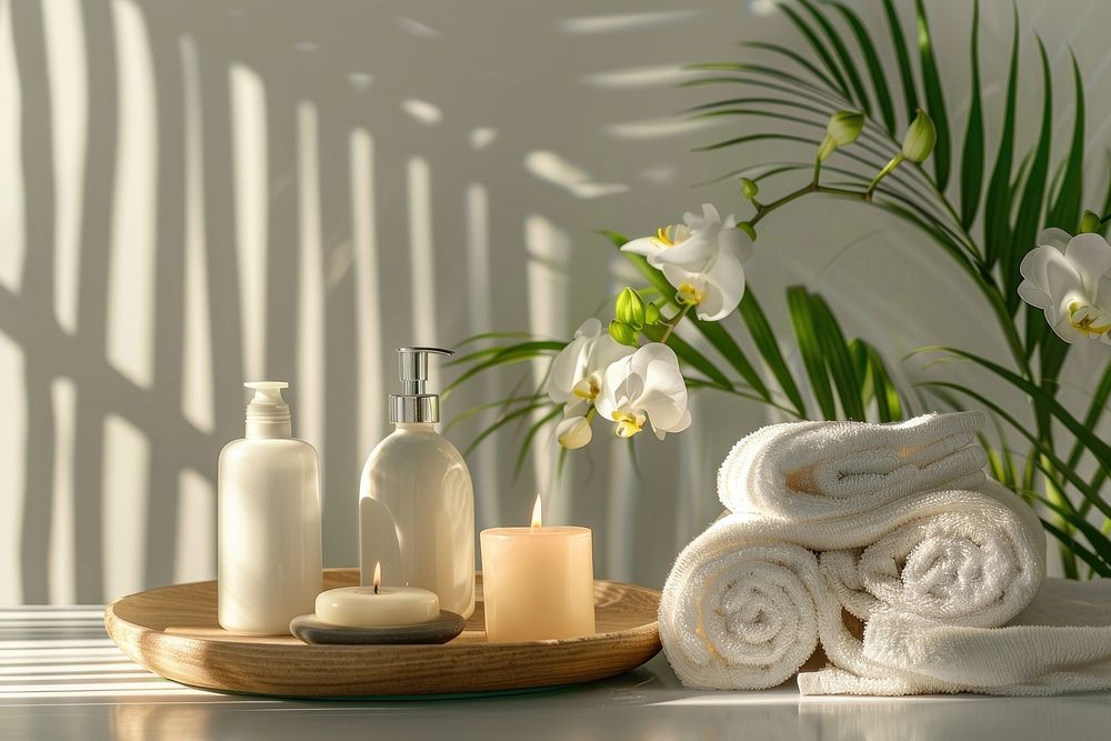Beautiful Spa treatment set in minimal bathroom interior spa blossom candle.