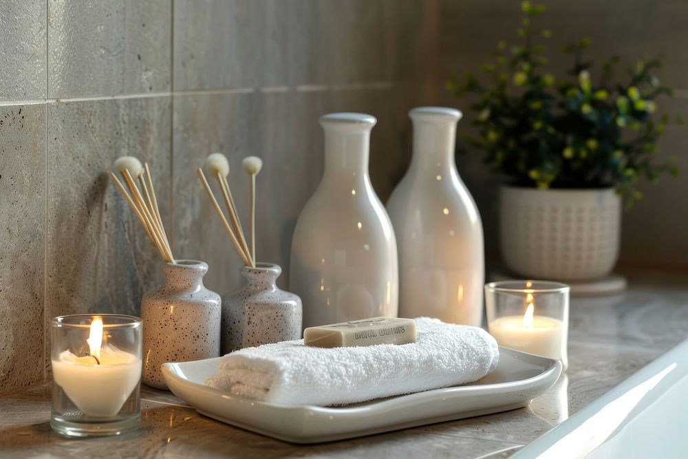 Beautiful Spa treatment set in minimal bathroom interior spa windowsill candle.