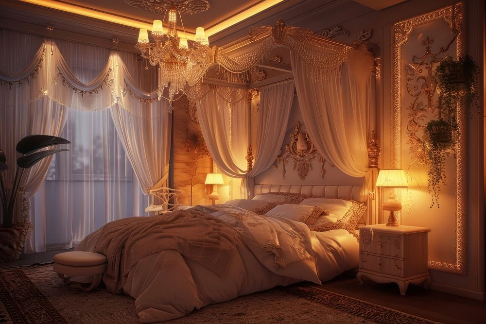 Bedroom interior design chandelier furniture.
