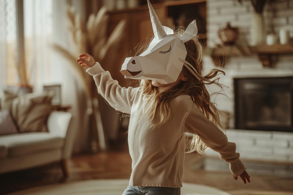 Girlie in paper box unicorn mask clothing apparel female.