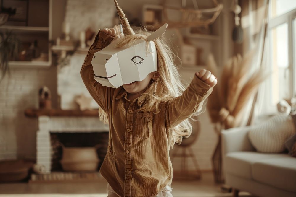 Girlie in paper box unicorn mask blonde hair person.